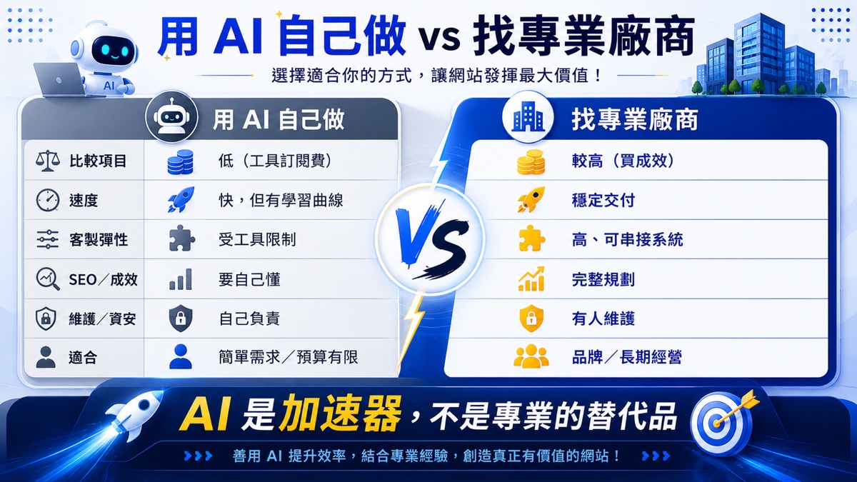 網站設計費用怎麼算?網頁設計報價、架設費用 2026 行情一次看懂 5 用 AI 自己做 vs 找專業廠商比較