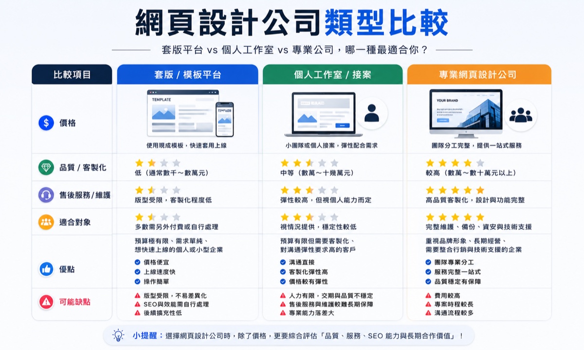 網頁設計公司推薦與挑選指南:5 大重點教你怎麼選不踩雷 2 網頁設計公司類型比較:套版平台、個人工作室、專業公司