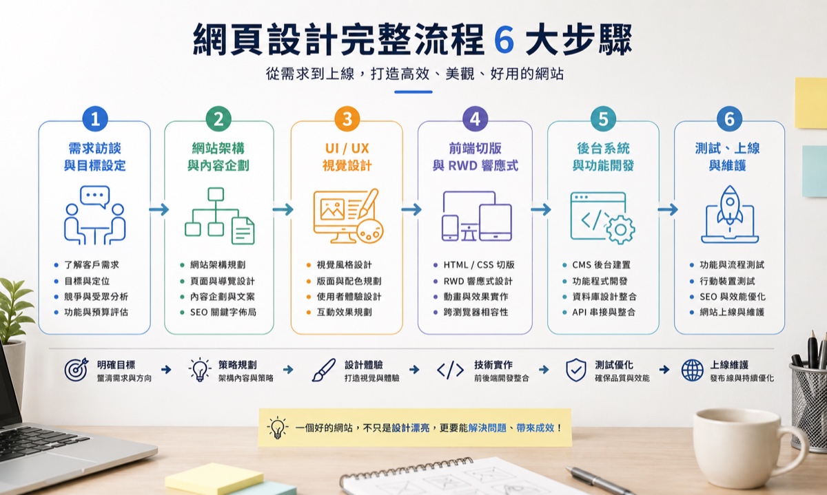 網頁設計完整指南:定義、流程、費用與挑選公司一次搞懂 4 網頁設計完整流程 6 大步驟:需求訪談、架構企劃、UIUX設計、前端切版、後台開發、測試上線