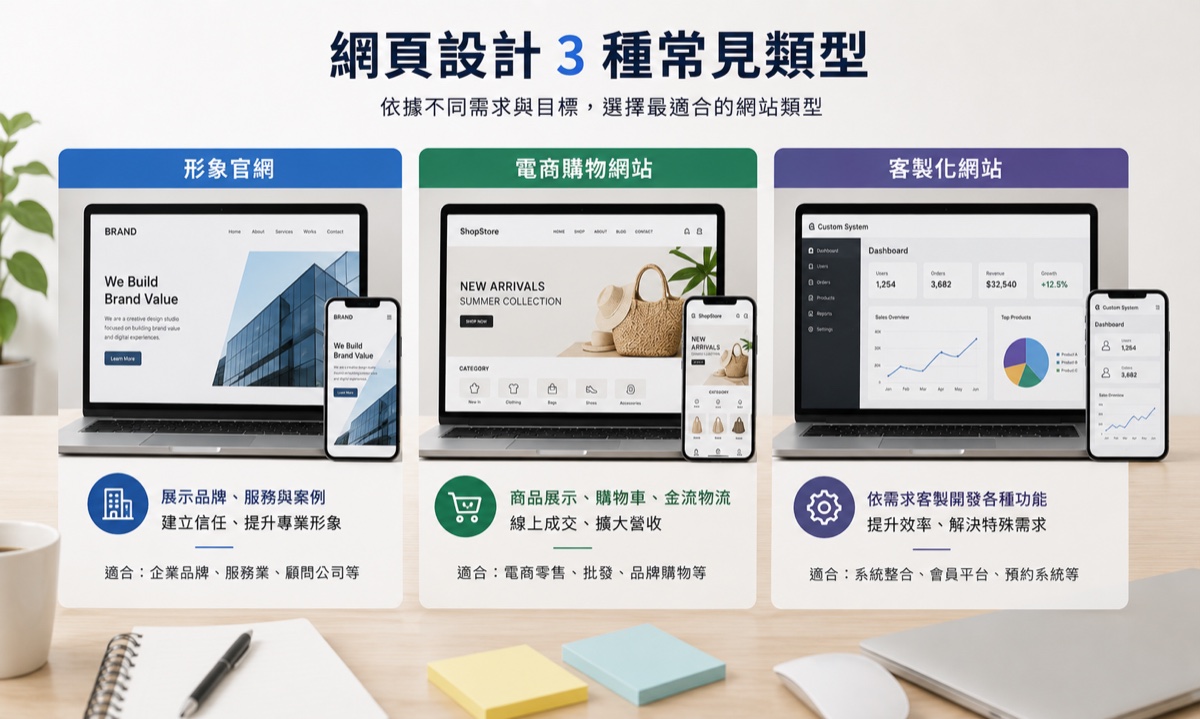 網頁設計完整指南:定義、流程、費用與挑選公司一次搞懂 5 網頁設計 3 種常見類型:形象官網、電商購物網站、客製化網站