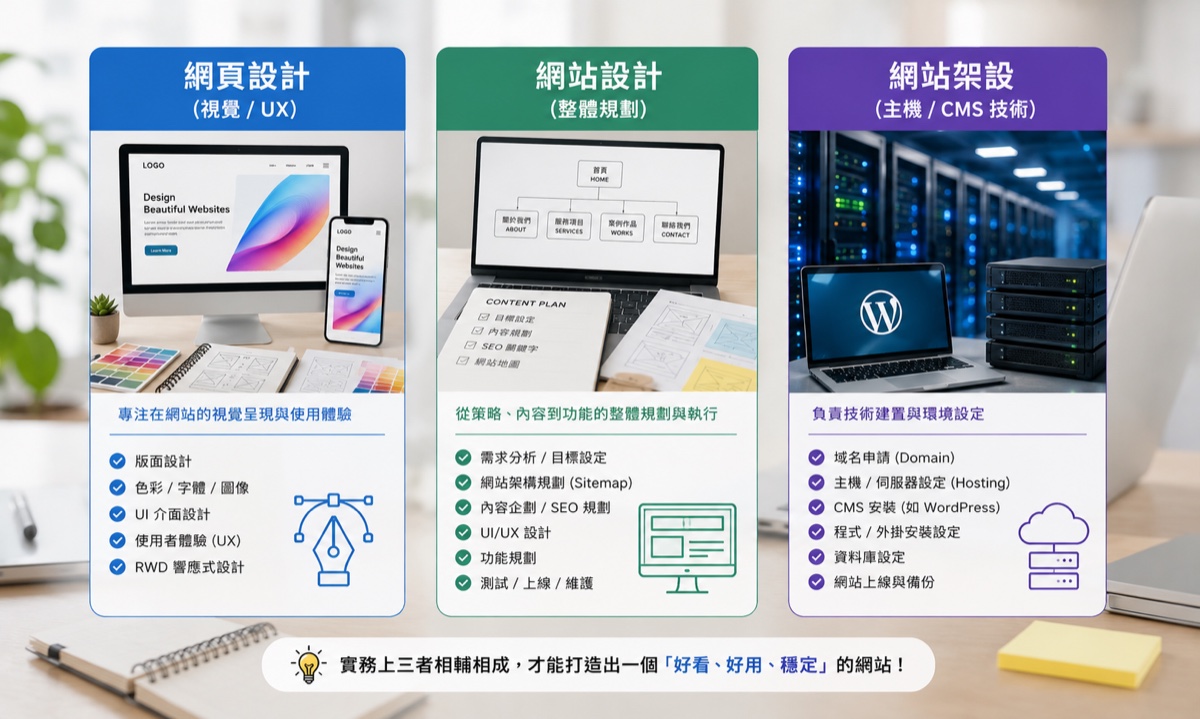 網頁設計完整指南:定義、流程、費用與挑選公司一次搞懂 3 網頁設計、網站設計、網站架設的差異對照